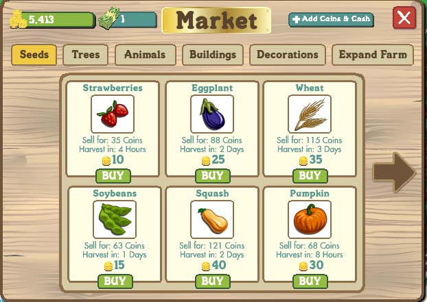 Farmville has a breezy shop with self-explanatory categories