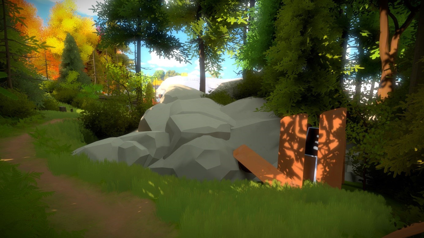 The witness mysterious forest environment with a hidden monitor