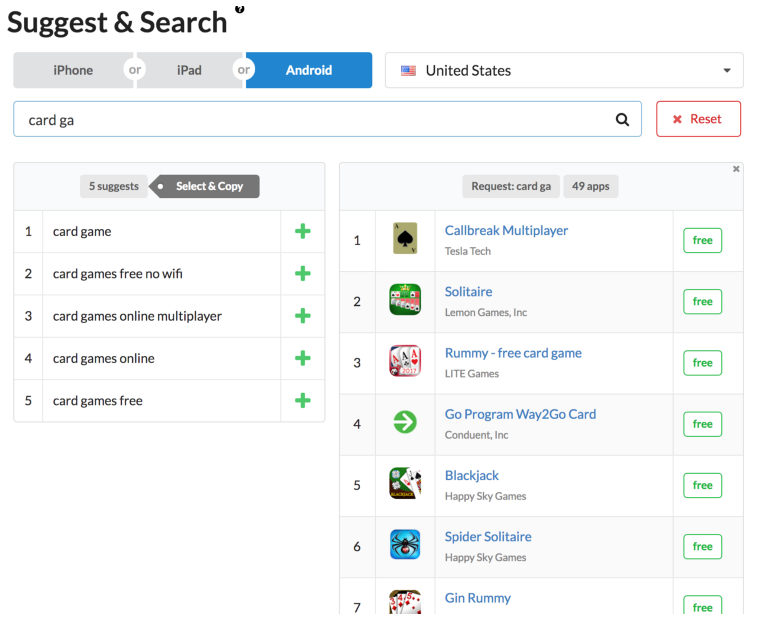 Image 2. Choosing search requests based on Google Play suggests via Suggest & Search tool